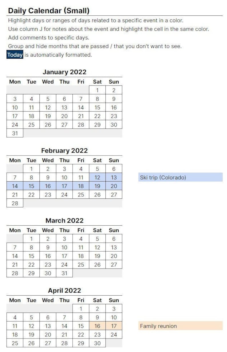 Daily Vertical Spreadsheet Calendar (2022-2027) - Etsy