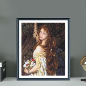 May include: A painting of a woman with long red hair, wearing a white dress and holding a basket of flowers. She is standing in a forest setting with green foliage and trees.