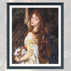 May include: A painting of a woman with long red hair and blue eyes. She is wearing a white dress and holding a bouquet of flowers. The background is a dark forest.