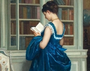 In the Library - Counted Cross Stitch Classic Painting Pattern / Woman / Digital Download / Vintage Art / PDF / Franch Artist / Dress