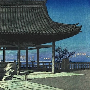 Kozu, Osaka - Counted Cross Stitch Classic Painting Pattern / Japanese Art / PDF Instant Download / Night / Temple / Japan / Vintage / City