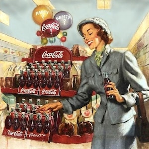 May include: A woman in a blue suit and a white hat is holding a bottle of Coca-Cola. She is standing in front of a display of Coca-Cola bottles. The display is decorated with balloons that say "Party" and "Guests".
