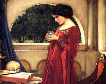 The Crystal Ball - Counted cross stitch classic painting pattern / John William Waterhouse / Gothic Embroidery / Lady / Dress / Xstitch