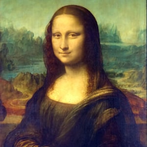 May include: A painting of a woman with long brown hair, wearing a dark brown dress with a low neckline. She is smiling slightly and has a soft, gentle expression. The background is a landscape with mountains and water.