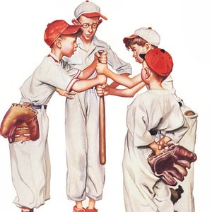 May include: Four boys in baseball uniforms are gathered around a baseball bat. They are all wearing red and white baseball caps. The boy in the center is holding the bat and looking at the boy on the left. The boy on the left is looking at the boy in the center. The boy on the right is looking at the boy in the center. The boy in the back is looking at the boy on the left.