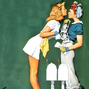 May include: Two women in vintage clothing stand by a pair of mailboxes. One woman is wearing a white dress and the other is wearing a blue shirt and grey trousers. They are both holding photo booth strips. The text "Norman Rockwell 1942" is in the bottom right corner of the image.