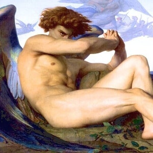 May include: A painting of a winged angel with blue and green feathers, lying on a rock with green foliage. The angel is nude and has long, flowing red hair. The angel's face is obscured by their arm, but their eyes are visible and appear to be looking up.