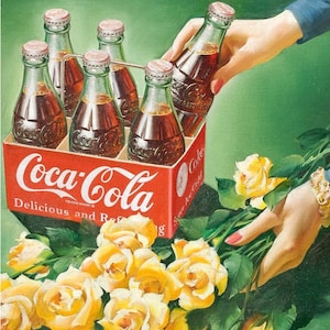 May include: A six-pack of Coca-Cola bottles in a red and white cardboard carrier with the text "Coca-Cola, Delicious and Refreshing" on the front. The carrier is surrounded by yellow roses.