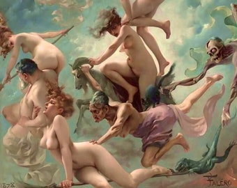 Witches going to their Sabbath - Counted Cross Stitch Classic Painting Pattern / Luis Ricardo Falero / Halloween Embroidery / Naked Women