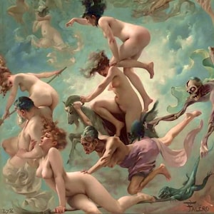 Witches going to their Sabbath - Counted Cross Stitch Classic Painting Pattern / Luis Ricardo Falero / Halloween Embroidery / Naked Women