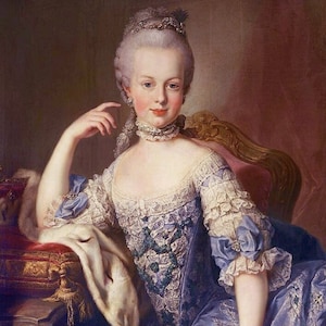 May include: A portrait painting of a young woman with blonde hair, wearing a blue and white dress with lace and a fur stole. She is sitting in a chair with a red cushion and a gold frame.