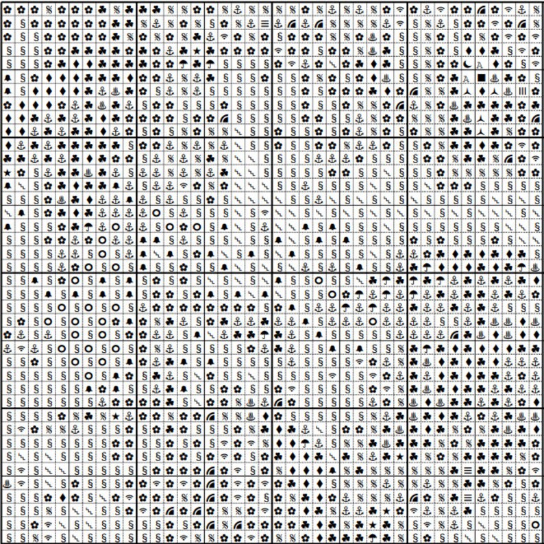 May include: A black and white digital pattern with various symbols, including stars, anchors, flowers, bells, and umbrellas.