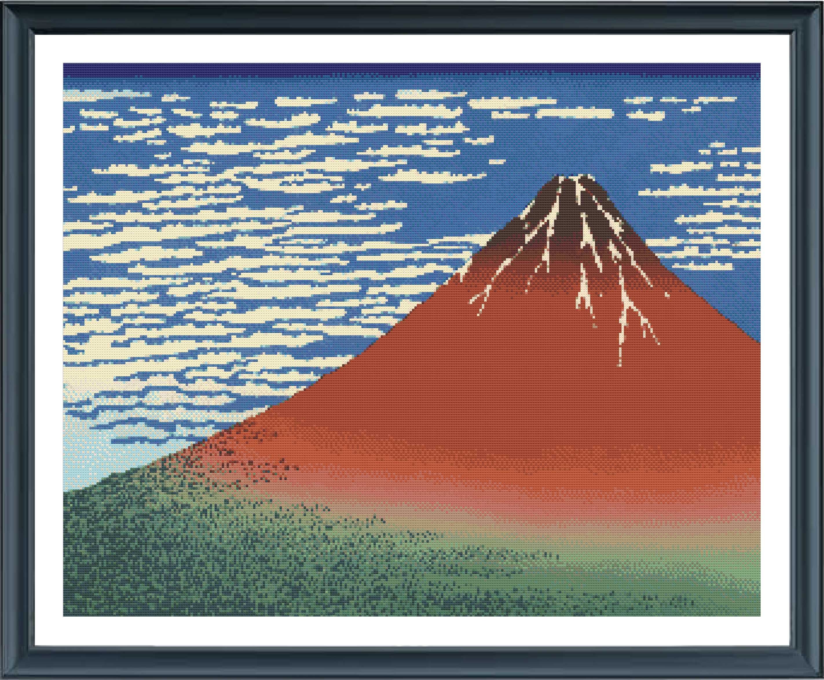 赤富士 - クロスステッチの古典絵画パターン / 葛飾北斎 / 日本の風景