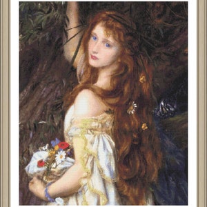 May include: A painting of a woman with long red hair, wearing a white dress and holding a bouquet of flowers. She is standing in a forest setting with green leaves and branches.