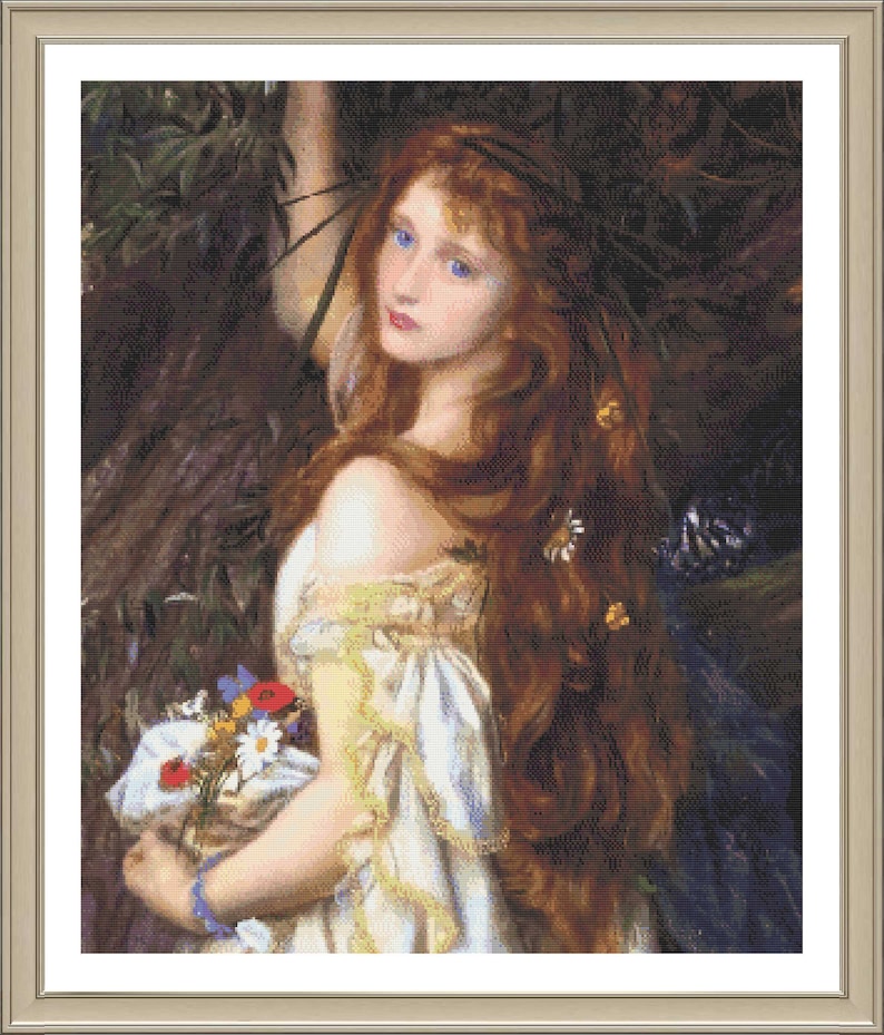 May include: A painting of a woman with long red hair, wearing a white dress and holding a bouquet of flowers. She is standing in a forest setting with green leaves and branches.
