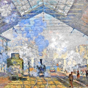 May include: A painting of a train station with a steam train pulling into the station. The painting is done in a Impressionistic style, with a focus on light and color. The train is obscured by smoke and steam, and the station is filled with people.