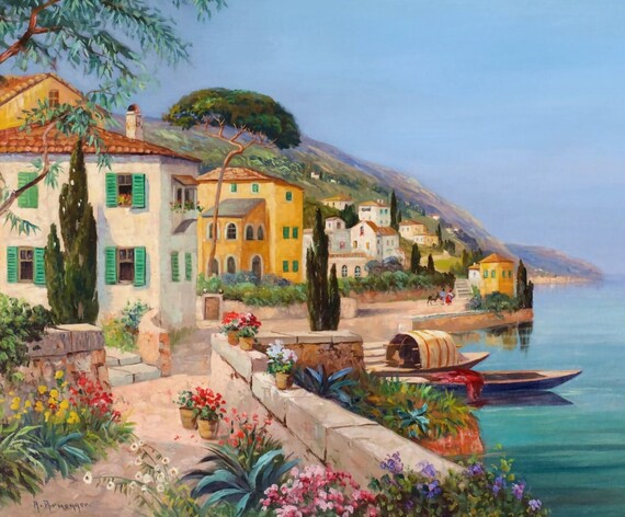 On the Italian Coast - Counted Cross Stitch Classic Painting Pattern / Alois Arnegger / Romantic Italian Landscape / Art Embroidery / PDF