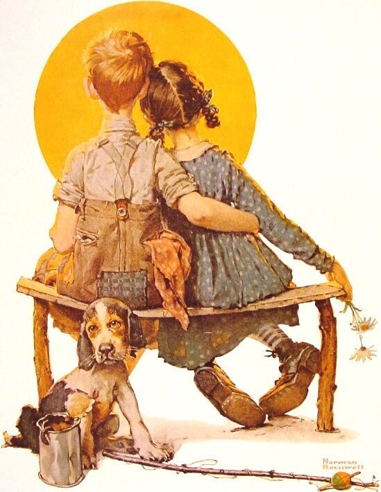 Boy and Girl gazing at the Moon - Counted Cross Stitch Classic Painting Pattern / Norman Rockwell / Children / Couple / Brother and Sister