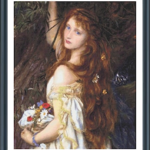 May include: A painting of a woman with long red hair, wearing a white dress and holding a bouquet of flowers. She is standing in a forest setting with green leaves and branches behind her.