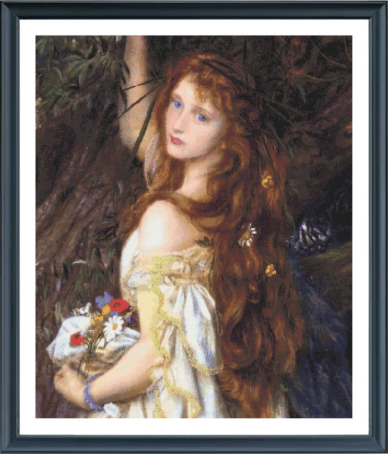 May include: A painting of a woman with long red hair, wearing a white dress and holding a bouquet of flowers. She is standing in a forest setting with green leaves and branches behind her.