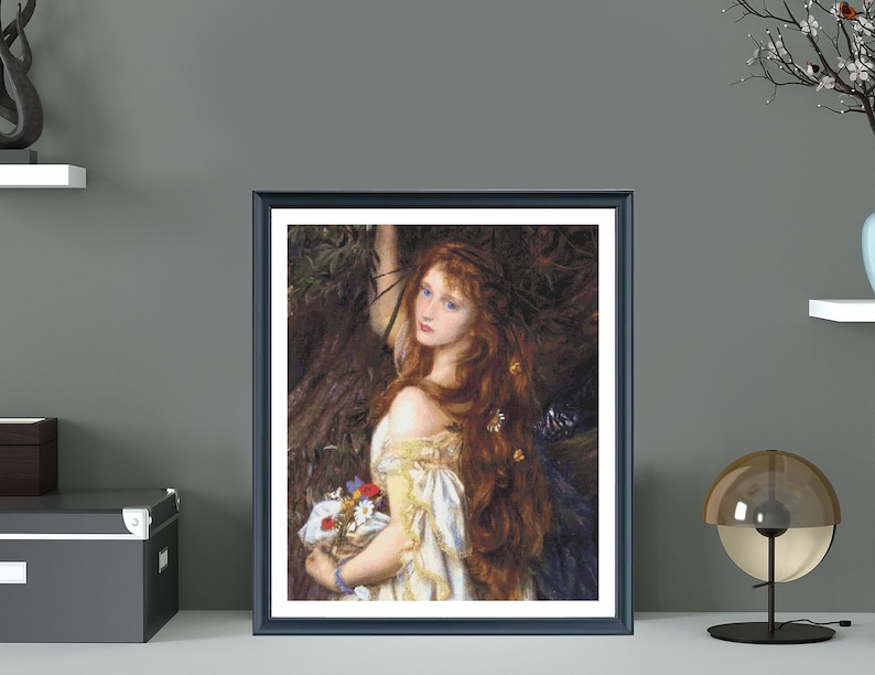 May include: A painting of a woman with long red hair, wearing a white dress and holding a basket of flowers. She is standing in a forest setting with green foliage and trees.