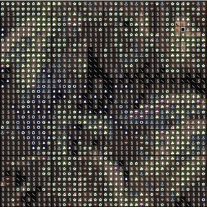 May include: A black and white pixel art design featuring a variety of symbols, including stars, anchors, bells, flowers, and umbrellas. The design is arranged in a grid pattern.