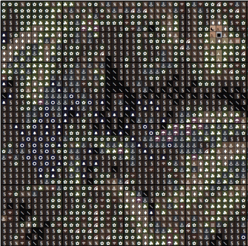 May include: A black and white pixel art design featuring a variety of symbols, including stars, anchors, bells, flowers, and umbrellas. The design is arranged in a grid pattern.