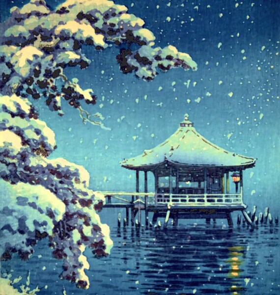 堅田浮御堂の雪 - クロスステッチの古典絵画パターン / 土屋幸一