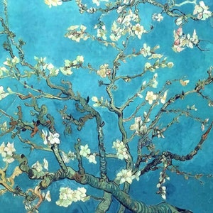 May include: A painting of a blooming almond tree with white flowers against a vibrant blue sky. The branches are depicted with thick, textured strokes, creating a sense of movement and energy. The painting is reminiscent of the style of Vincent van Gogh.