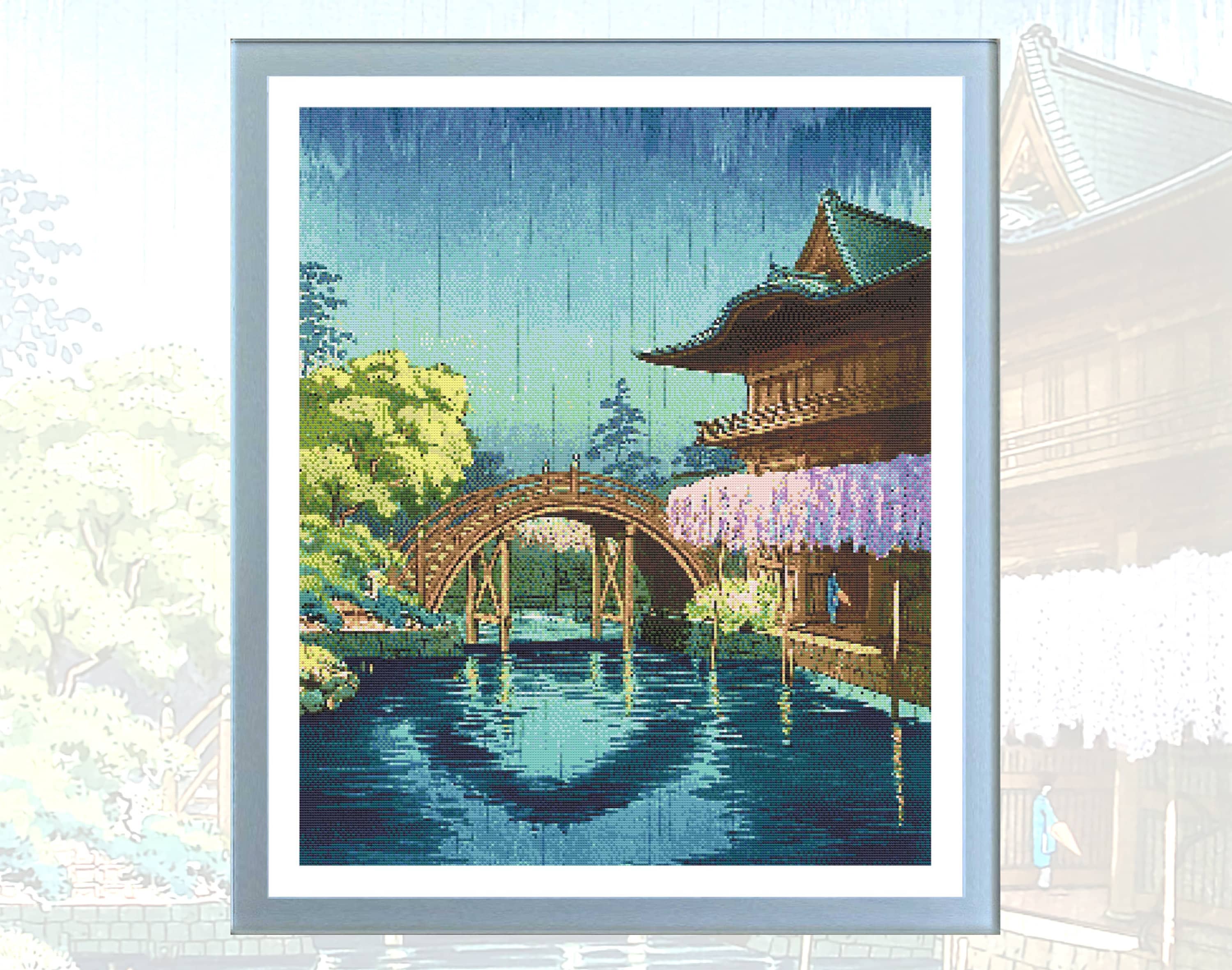 油絵 絵画【藤】 日本のクロスステッチの古典絵画パターン / 亀戸の藤と半月橋