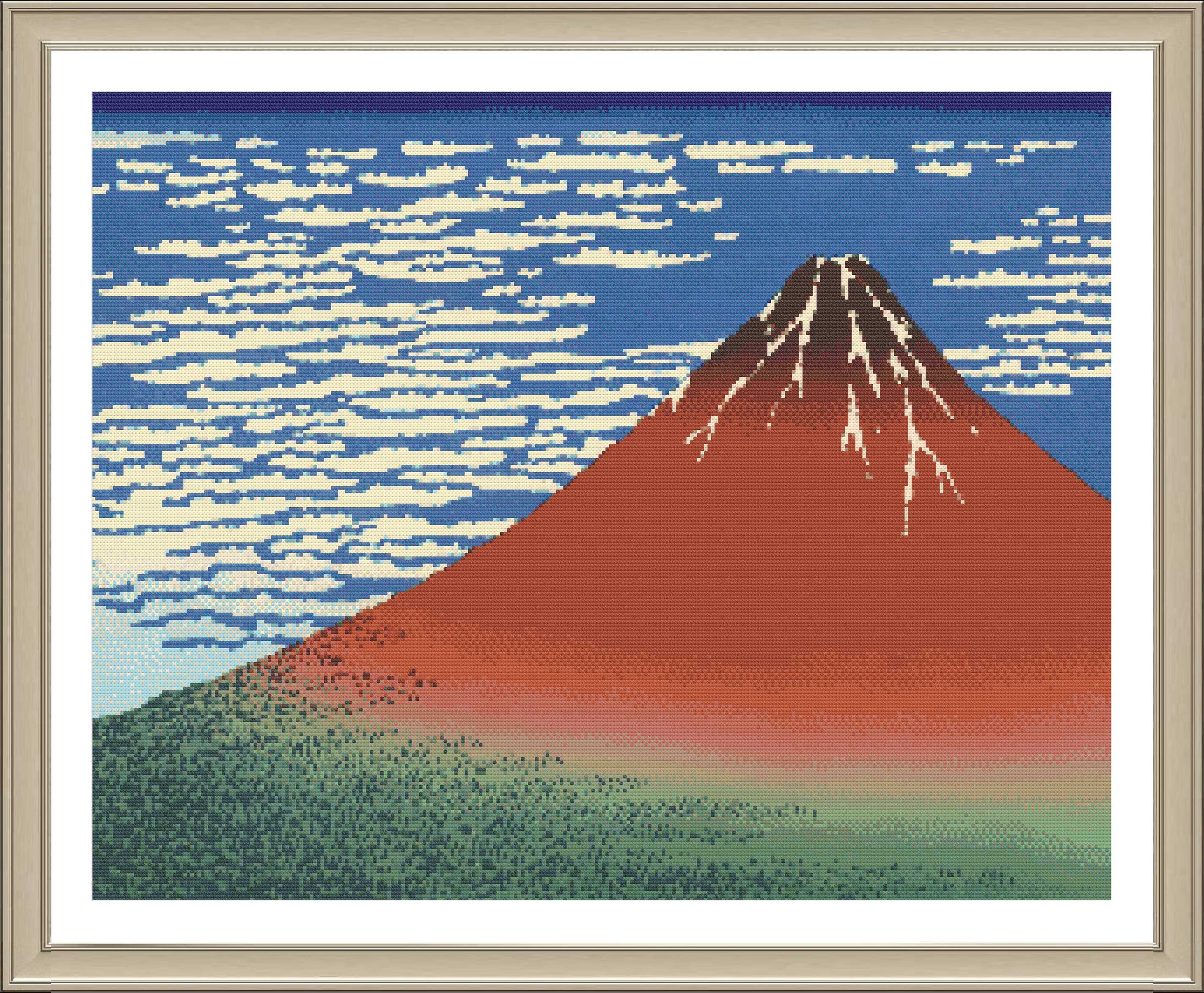 赤富士 - クロスステッチの古典絵画パターン / 葛飾北斎 / 日本の風景