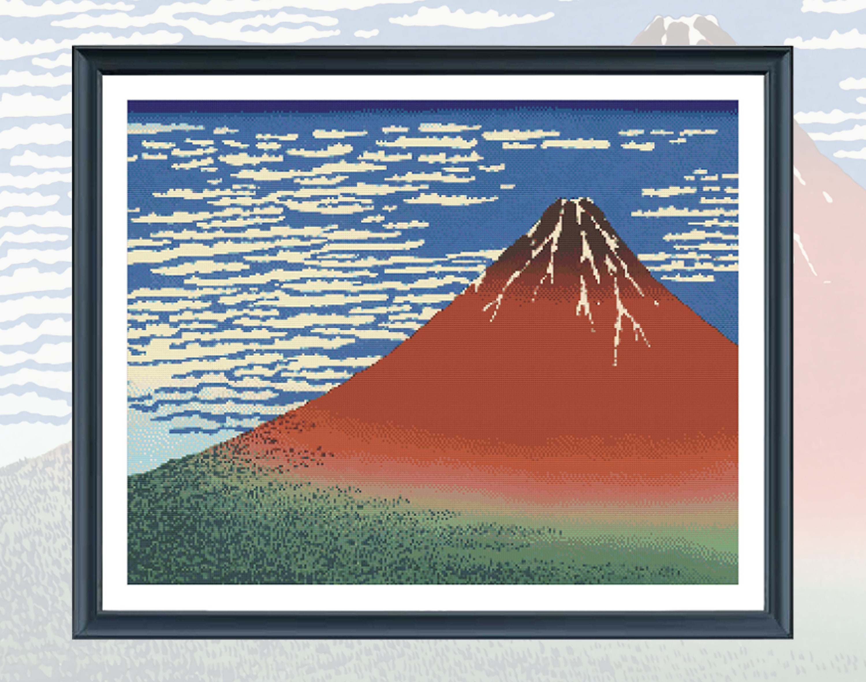 赤富士 - クロスステッチの古典絵画パターン / 葛飾北斎 / 日本の風景