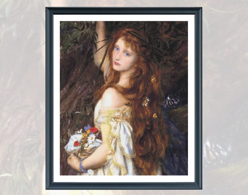May include: A painting of a woman with long red hair and blue eyes. She is wearing a white dress and holding a bouquet of flowers. The background is a dark forest.