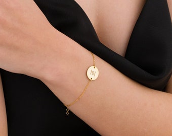 14K Gold Letter Bracelet - Women Jewelry - Gold Plated Disc Bracelet- Personalized Gift - Minimalist Initial Bracelet - Gift for Mom