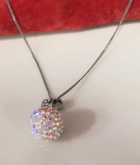 Silver Disco Ball Bead Iridescent Pendant Necklace w… Gem
