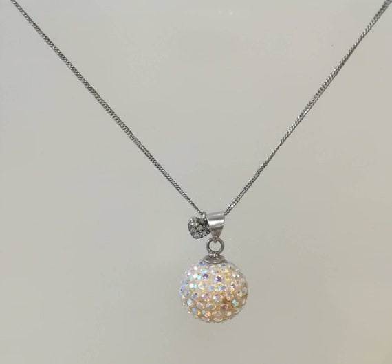 Silver Disco Ball Bead Iridescent Pendant Necklace w… - Gem