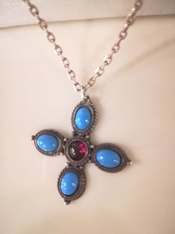 Sterling Silver Turquoise Cabochon Cross Pendant … - image 2