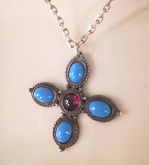 Sterling Silver Turquoise Cabochon Cross Pendant … - image 3