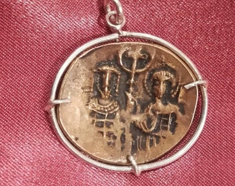 Byzantine Copper Coin Pendant in Sterling Silver Handmade