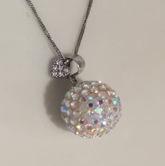 Silver Disco Ball Bead Iridescent Pendant Necklace w… Gem