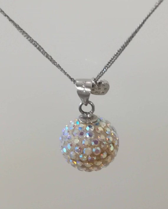 Silver Disco Ball Bead Iridescent Pendant Necklace w… Gem