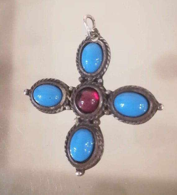 Sterling Silver Turquoise Cabochon Cross Pendant … - image 1