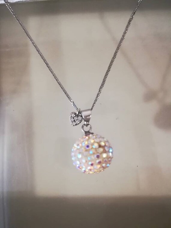 Silver Disco Ball Bead Iridescent Pendant Necklace w… Gem