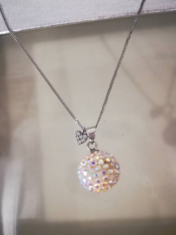 Silver Disco Ball Bead Iridescent Pendant Necklace w… Gem