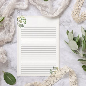 Papel para escrever cartas botânicas para impressão, download digital, papelaria para impressão, lindo eucalipto, papel verde, papel pautado e sem forro