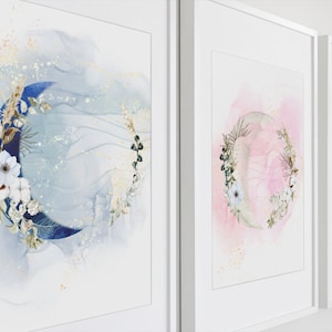 Moon phase print, printable art, instant download, floral prints, moon print, lunar poster, boho moon, Celestial Art, home decor, set of 3