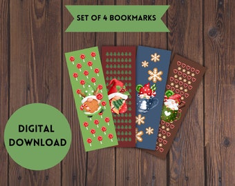 Printable Christmas Bookmarks, Gifts for Book Lover, Gnome Bookmark, Bookmark Set, Christmas Printables