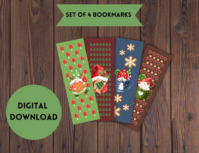 Printable Christmas Bookmarks, Gifts for Book Lover, Gnome Bookmark