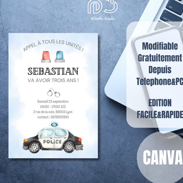 Invitation Anniversaire Police Enfant - Modèle Modifiable Canva, Téléchargement Rapide, Personnalisation Facile, Fête Mystère et Aventure