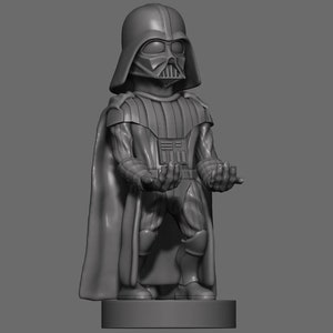 May include: A grey 3D printed figurine of Darth Vader from Star Wars. The figurine is in a standing pose with arms outstretched. The figurine is detailed with a black helmet, cape, and suit.